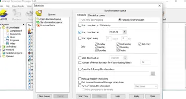 Internet Download Manager: Scheduler settings window with queue and synchronization options