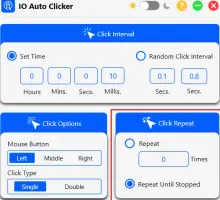 IO Auto Clicker window with Click Interval, Click Options and Click Repeat settings