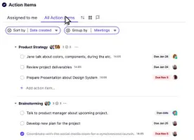 Krisp: Action items grouped by meeting with assignees and due dates