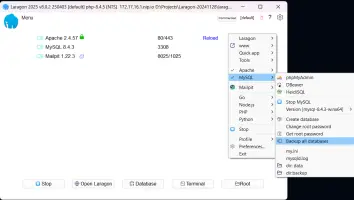Laragon: Laragon control panel with services and the MySQL menu open