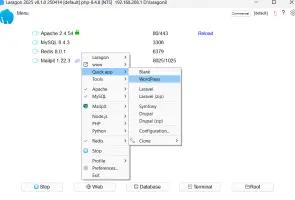 Laragon: Laragon main window with the Quick app menu open