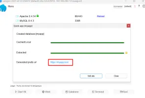 Laragon: Laragon Quick app dialog showing database setup progress