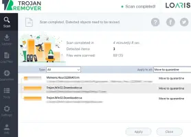 Loaris Trojan Remover results screen with detected items and review controls