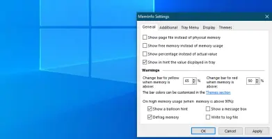 Meminfo: Meminfo settings dialog with memory display and warning options