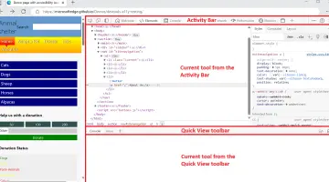 Microsoft Edge, with DevTools opened on the side, with the 4 main UI areas highlighted