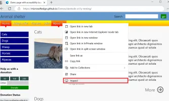 Right-clicking an About Us link in a demo webpage, and then selecting the Inspect command