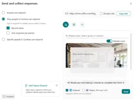 Microsoft Forms: Response sharing settings and invitation preview for a form