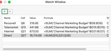 Watch window in Excel 2021 for Mac displaying Name, Cell, Value, and Formula