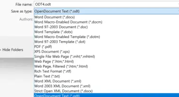 Screenshot of saving a Word doc to ODT4 format