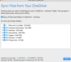 Screenshot of the OneDrive setup menu for selecting which folders or files to sync.
