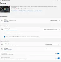 Microsoft PowerToys: PowerToys General settings with update, administrator, and appearance options