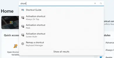 Microsoft PowerToys: PowerToys search popup showing shortcut-related results