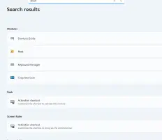 Microsoft PowerToys: PowerToys search results for shortcut-related modules and settings