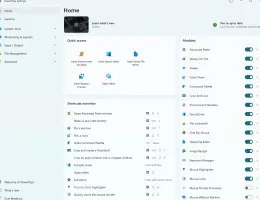 Microsoft PowerToys: PowerToys home page with quick access, shortcuts, and module toggles