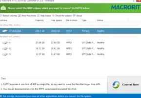 NTFS to FAT32 Converter: NTFS volumes listed with a Convert Now button