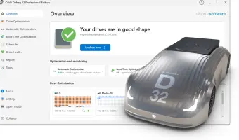 O and O Defrag: Defrag overview dashboard with drive status and a car graphic
