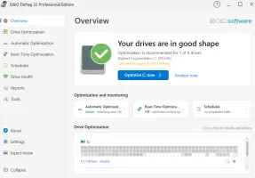 O and O Defrag: Overview dashboard showing drive health and optimization status
