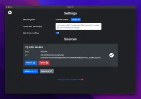 Open TV: Settings window showing recording options and a configured TV source