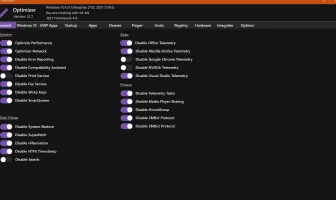 Optimizer: System optimization settings with network, privacy, and service toggles