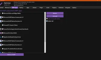 Optimizer: Installed Windows apps list with refresh, uninstall, and restore options