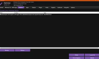 Optimizer: Startup items table with backup, restore, delete, and file options
