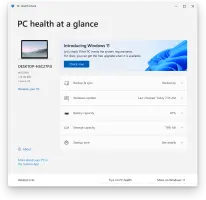 A screenshot of the PC Health Check app home screen showing PC health at a glance.