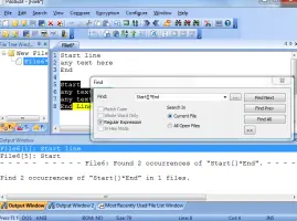 PilotEdit: Text editor showing search results and find dialog