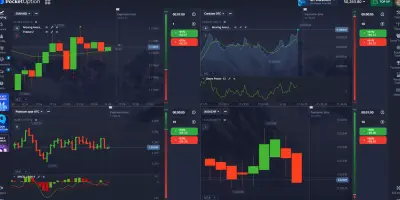 Pocket Option: Pocket Option trading dashboard with multiple candlestick charts and order controls