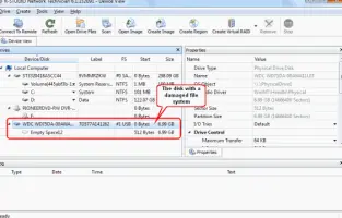 El disco externo con un sistema de archivos dañado en R-Studio