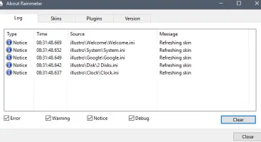 Rainmeter: About Rainmeter log window listing skin refresh events