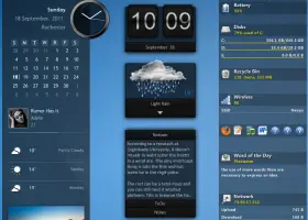 Rainmeter: Rainmeter desktop skins showing clock, weather, and system information