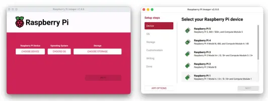 Raspberry Pi Imager: Two Raspberry Pi Imager versions showing device selection