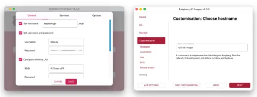 Raspberry Pi Imager: Hostname customization and configuration settings screens