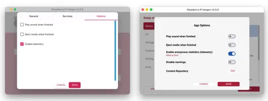 Raspberry Pi Imager: App options dialog with playback and telemetry settings