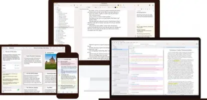 Scrivener: Scrivener documents and research panels displayed across several devices