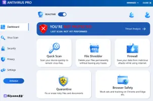 SiyanoAV Antivirus Pro: Antivirus dashboard with scan, firewall, quarantine, and browser safety options