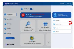 SiyanoAV Antivirus Pro: Antivirus dashboard with account menu open