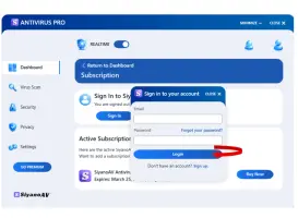 SiyanoAV Antivirus Pro: Subscription page with a sign-in dialog