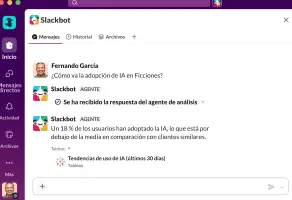 La interfaz de usuario de Slack muestra una respuesta de IA a una consulta de búsqueda.