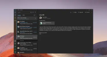 Mail app with new Windows 11 visuals in dark mode.