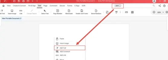 Soda PDF: Soda PDF interface with the Add Text menu open