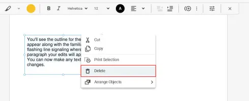 Soda PDF: Text selection context menu with Delete highlighted