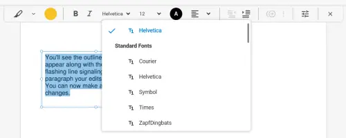 Soda PDF: Font picker open for selected PDF text