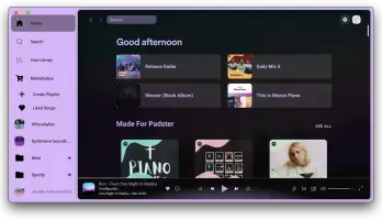 Spotify with Bloom theme — a vibrant purple and pink interface