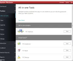 System Mechanic: All-in-one tools page listing PC maintenance utilities