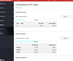 System Mechanic: PC status page showing disk space and memory usage