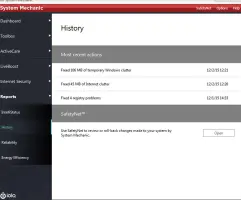 System Mechanic: History page listing recent system maintenance actions