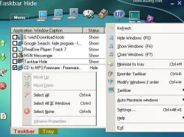 Taskbar Hide: Taskbar Hide window list with the application menu open