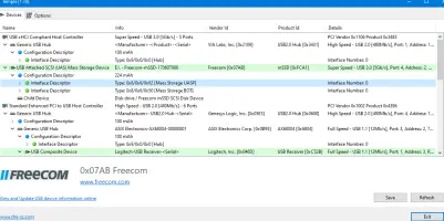 Temple: USB device tree with connected controllers and Freecom device details
