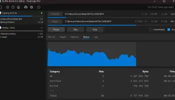 Teracopy: Transfer status graph with file counts and byte totals